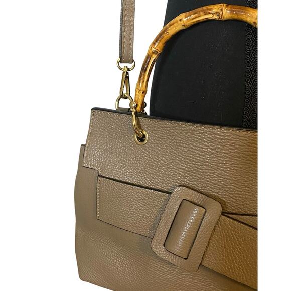 Vera Pelle Italy Taupe Leather Crossbody‎ Handbag Bamboo top handle classic - Picture 3 of 10